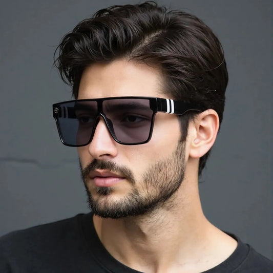 Unisex oversized sports sunglasses, black frame and dark rectangular lenses