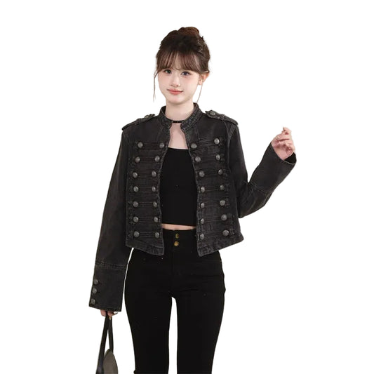 Black short denim jacket with stand collar and silver button trim