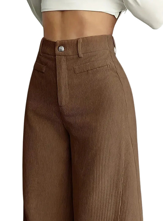 Coffee brown high-waisted wide-leg pants with button closure and belt loops