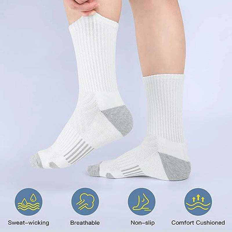Men's solid white crew socks with gray toe and heel, 6 pairs