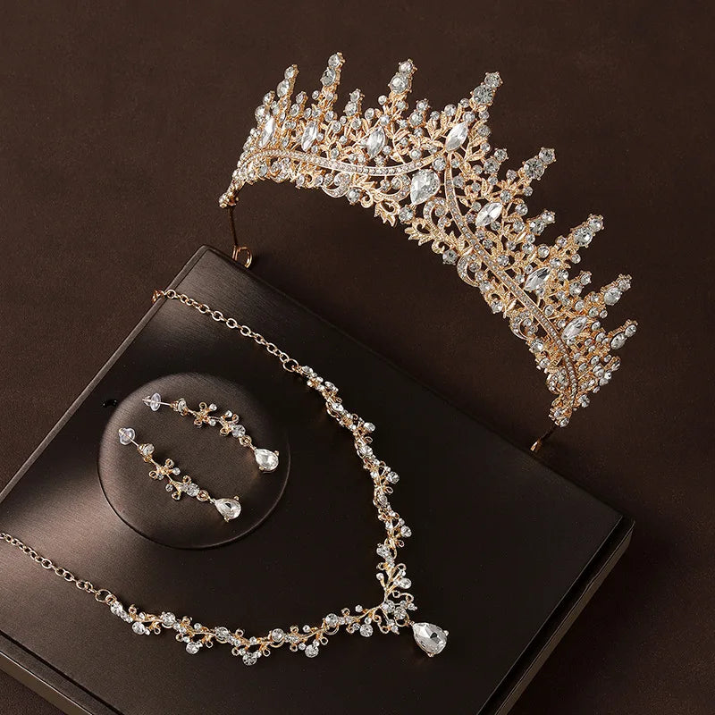 Bridal Wedding Jewelry 4-piece Set, Alloy Crystal Crown&Crystal Necklace&Earrings Women's Classic Wedding Tiaras K's Collection Store