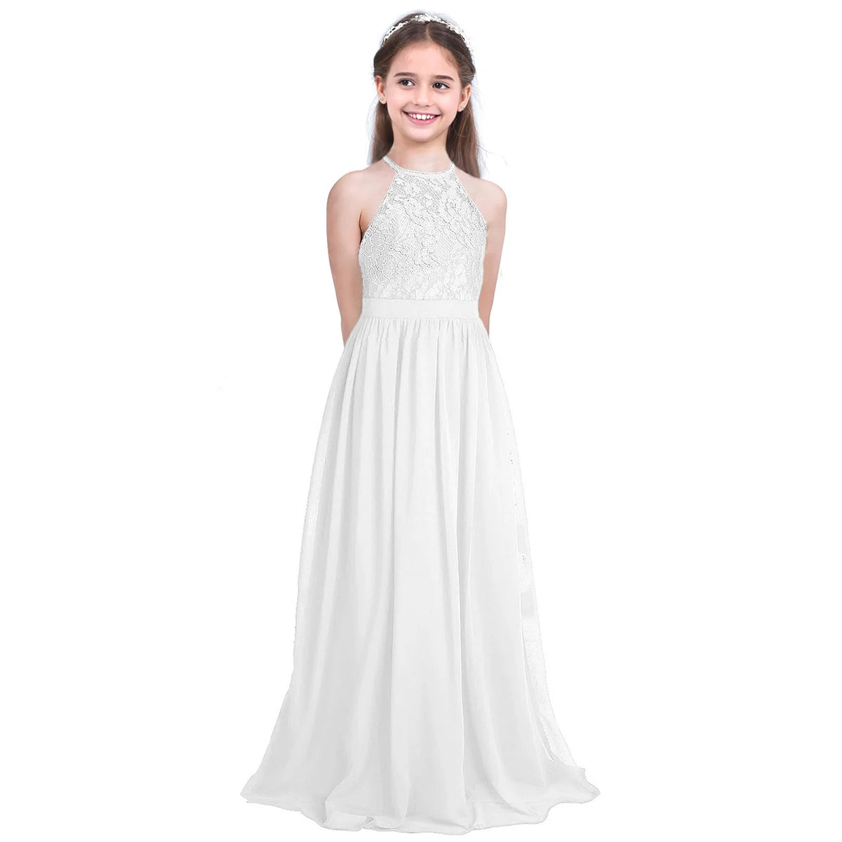 Kids Chiffon Floral Lace Cutout Back Flower Girl Dress Childs Girls Children Wedding Birthday Party Clothes K's Collection Store