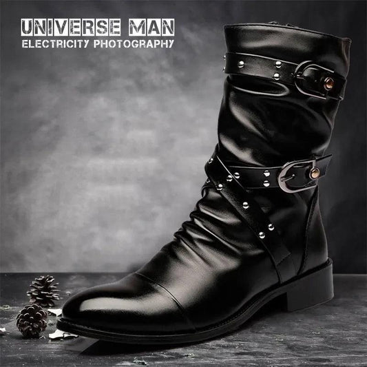 Black retro leather biker boots with buckle straps and metal studs, side view