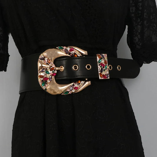 Black wide belt with gold-tone rhinestone oval buckle and studded ends