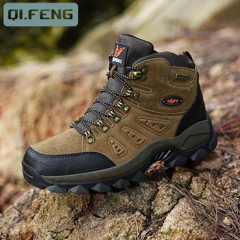 High-top adventure sneaker in tan and black, lace-up with rugged tread sole