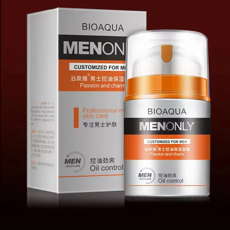 Men’s oil control face cream bottle with matching product box packaging