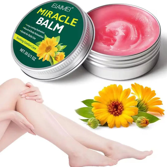 Miracle balm tin with pink cream and green label lid, silver metal container