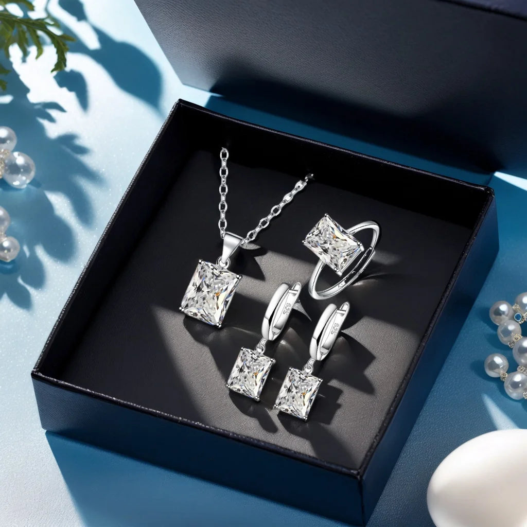 925 Sterling Silver  Elegant Jewelry Sets Ring Earrings Necklace For Women Rectangle Geometry Zircon Wedding Accessories K's Collection Store