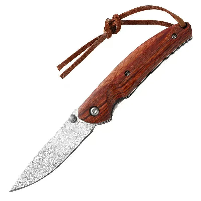 Damascus steel folding knife with wooden handle and lanyard, blade open