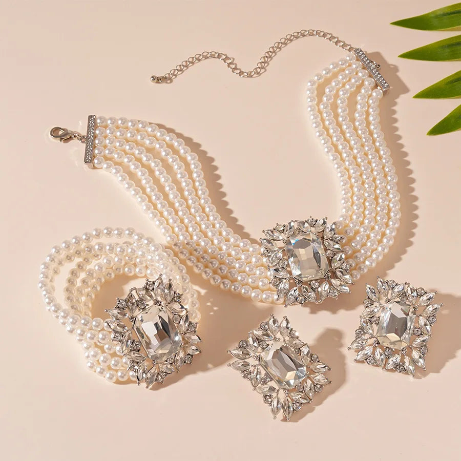 Elegant Costume Jewelry Set Wedding Large Crystal Earrings Multi Strand Bracelet and Imitation Pearl Choker Necklace for Women K's Collection Store