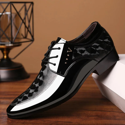Black leather dress loafer with white side stripe and laced panels