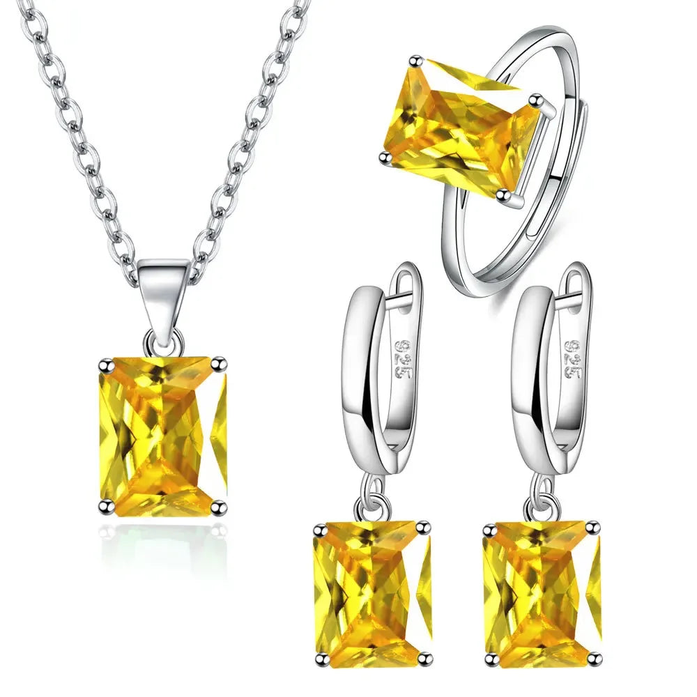 925 Sterling Silver  Elegant Jewelry Sets Ring Earrings Necklace For Women Rectangle Geometry Zircon Wedding Accessories K's Collection Store