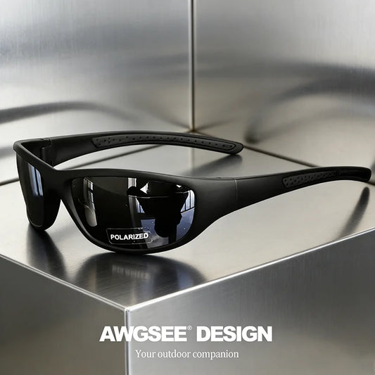 Polarized sports sunglasses, black frame with dark lenses and brow bar
