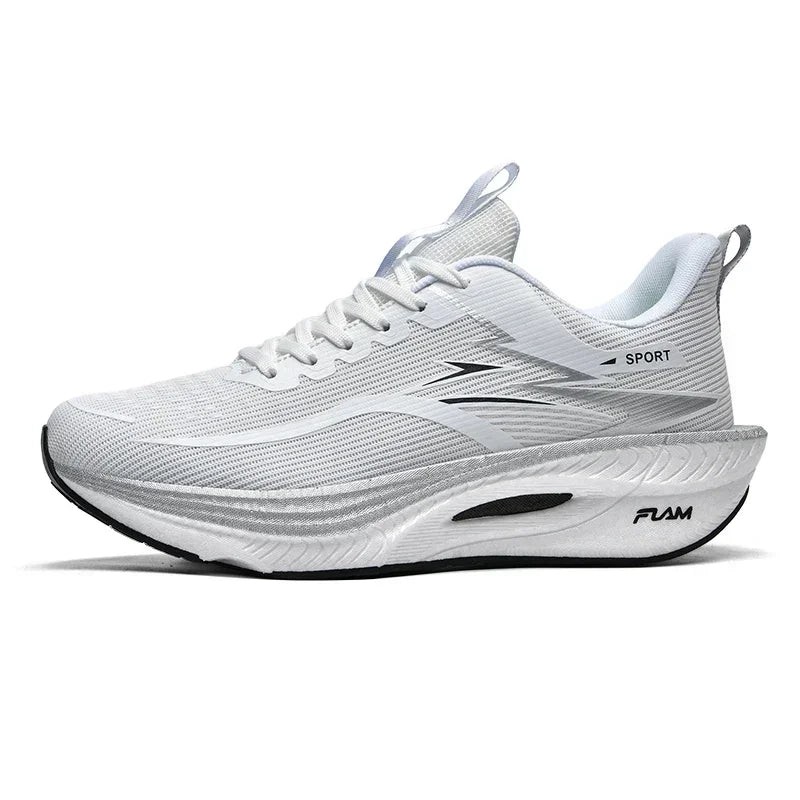 White performance running sneaker, lace-up breathable knit, black accents, side profile