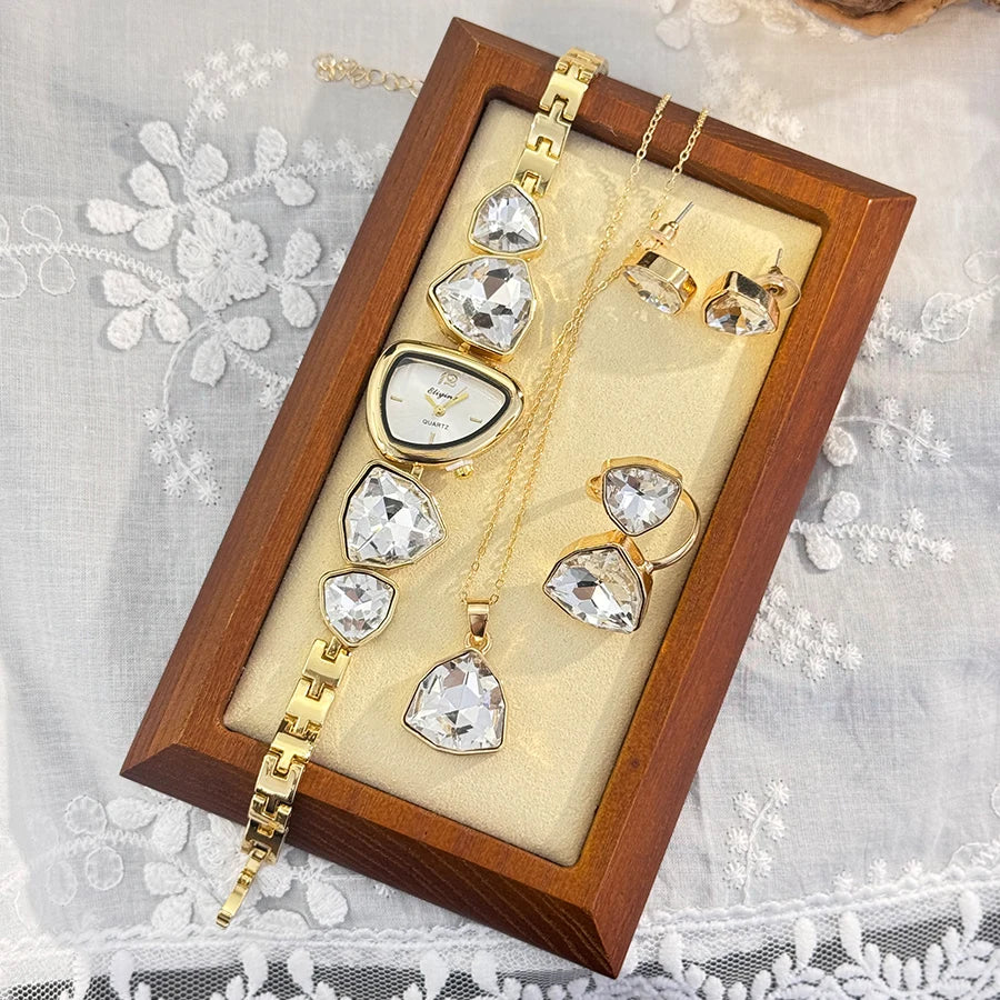 Luxury Ladies Quartz Watch  Colorful Diamond Irregular Shape Necklace Ring Earrings Jewelry Set Four-Piece Gift Set Trendsetter K's Collection Store