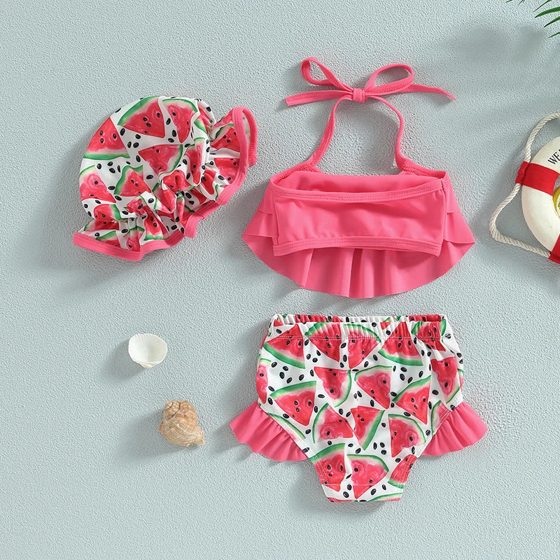 Toddler girls swimsuit set with pink ruffle halter top, watermelon print bottoms, hat