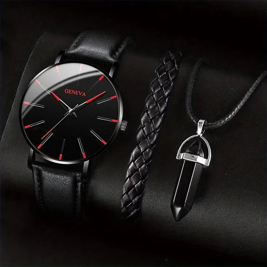 3PCS/Set Men Business Watches Casual Leather Band Analog Male's Quartz Watch Necklace Bracelet Set K's Collection Store