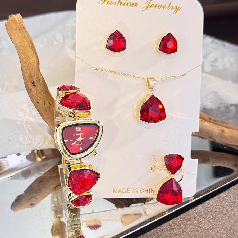 Luxury Ladies Quartz Watch  Colorful Diamond Irregular Shape Necklace Ring Earrings Jewelry Set Four-Piece Gift Set Trendsetter K's Collection Store