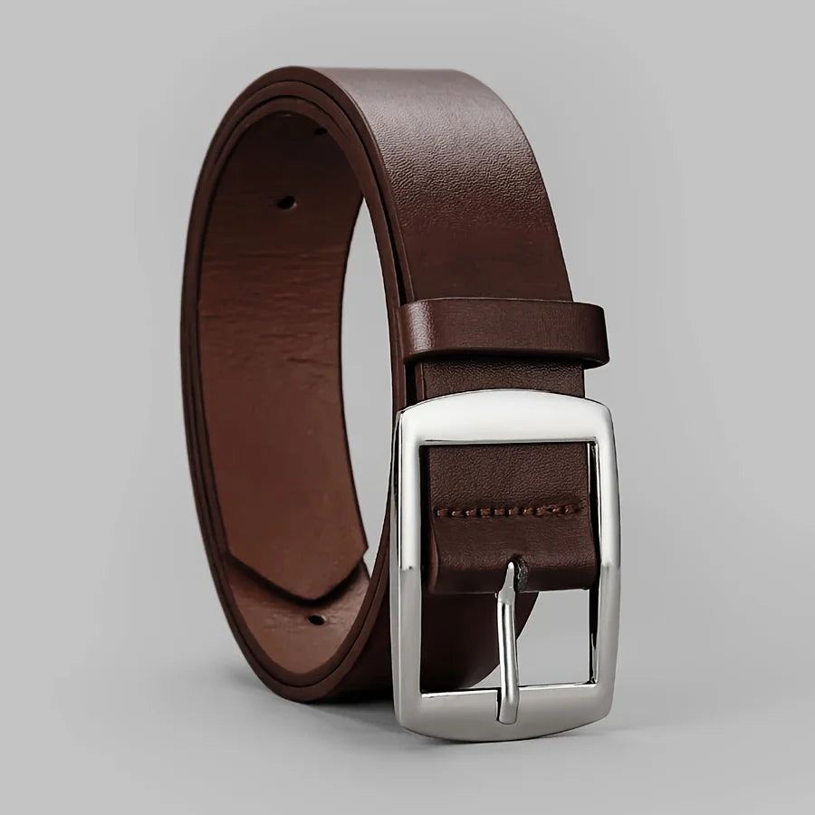 Men's PU leather belt in brown with silver-tone square buckle and pin closure