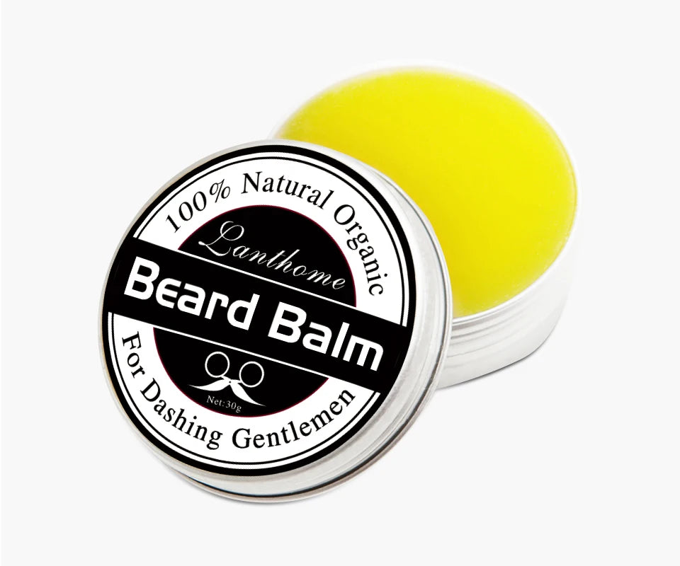 Men's beard balm tin with yellow balm disc and open metal lid