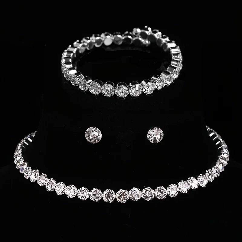 Luxury Round Crystal Jewelry Set for Women Charm Silver Color Bracelet Stud Earring Zircon Chain Necklace Wedding Party Jewelry K's Collection Store