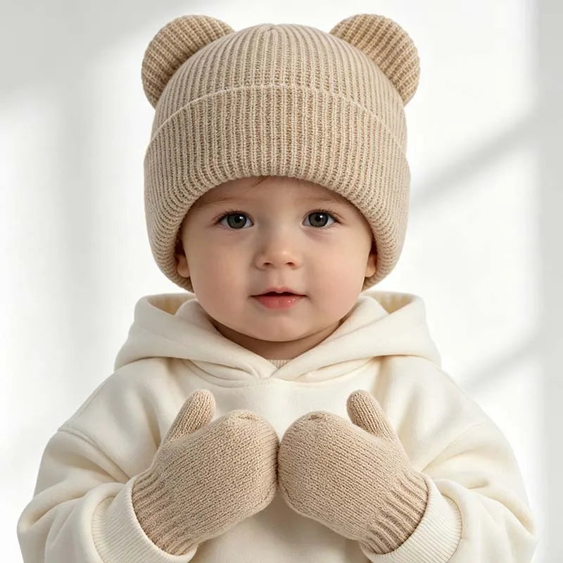 Winter Kids Hat Gloves Set Cute Bear Ear Beanie for Boys Girls Warm Kintted Earflap Hats Solid Color Mittens 6M-3Y K's Collection Store