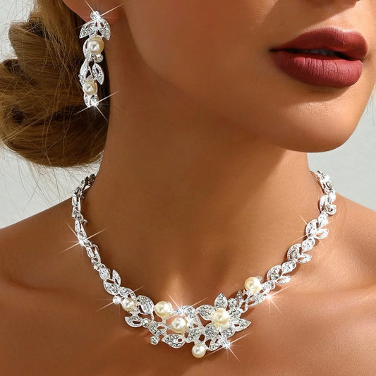 Middle Eastern Hot selling Bridal Jewelry Set Alloy Pearl Rhinestone Necklace Earrings Two Piece Set Wedding Banquet Jewelry K's Collection Store
