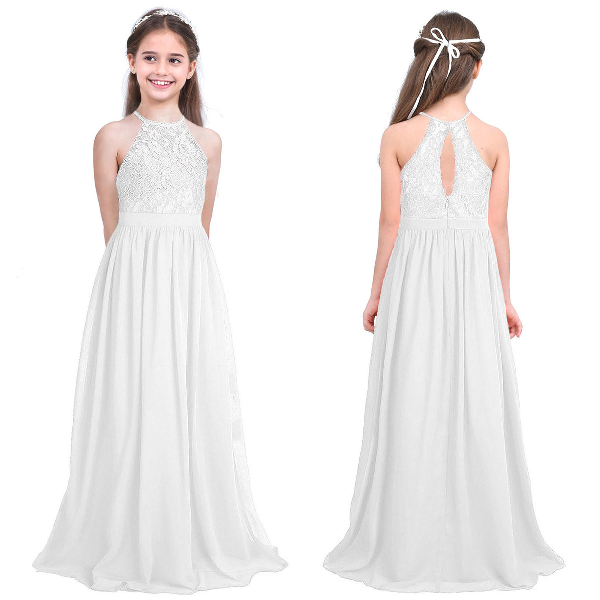 Kids Chiffon Floral Lace Cutout Back Flower Girl Dress Childs Girls Children Wedding Birthday Party Clothes K's Collection Store