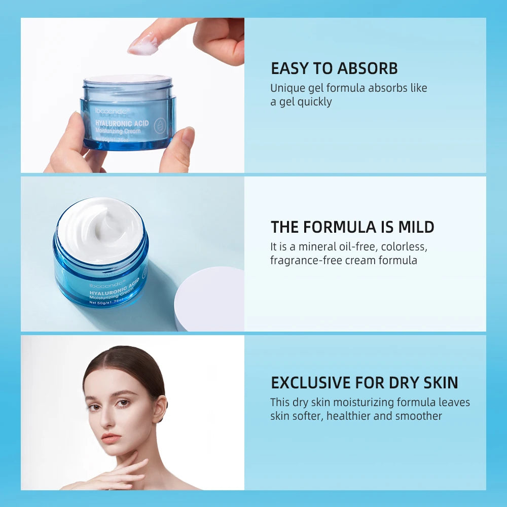 Hand holding a blue moisturizer jar with a white cream scoop