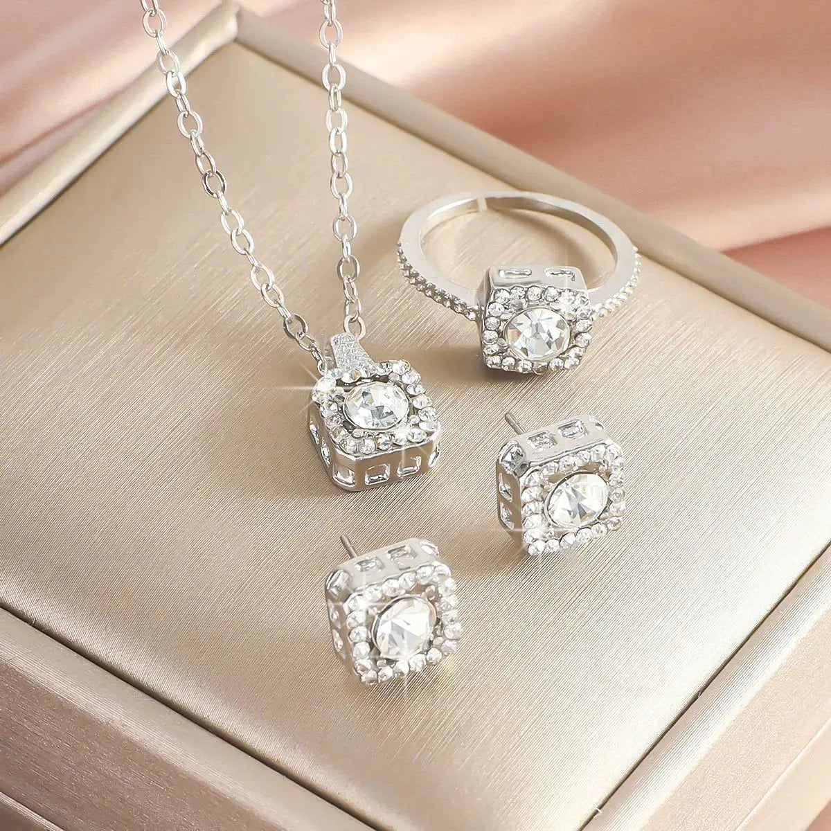 4pcs Elegant Vintage Jewelry Set for Women Luxurious Zircon Inlay Necklace Shiny Crystal Choker Bridal Wedding Earrings Party K's Collection Store