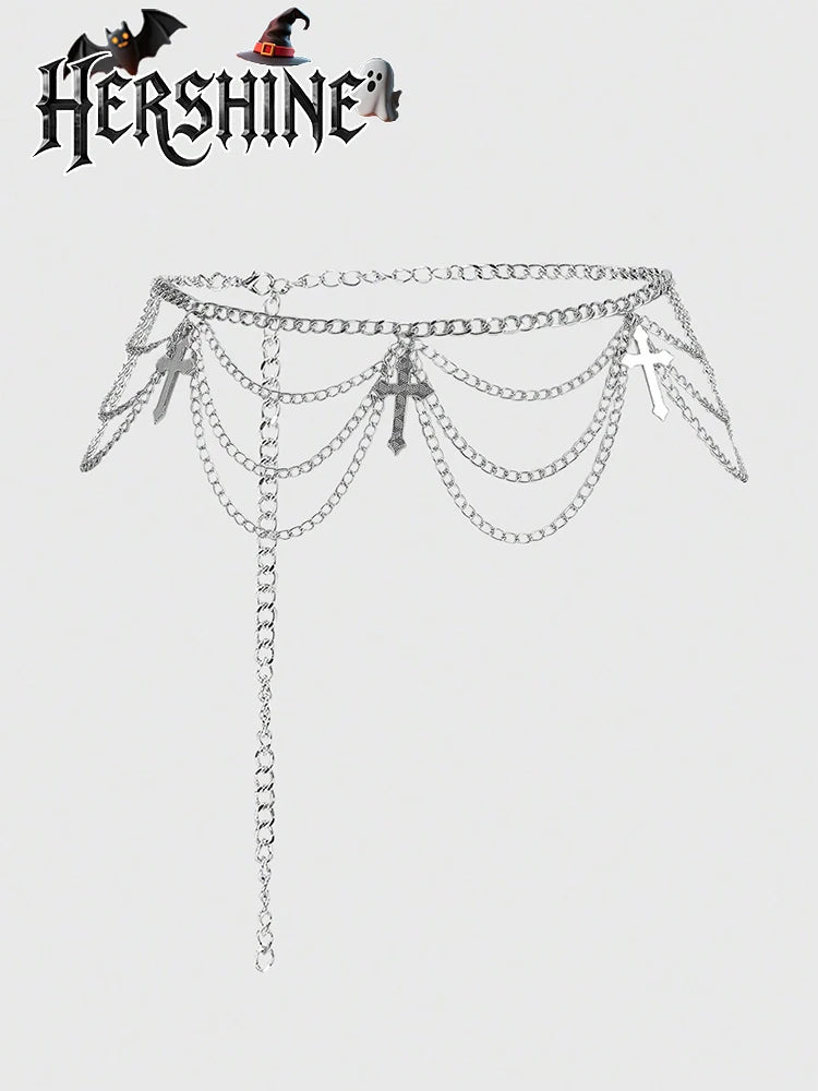 HERSHINE Women's Silver Fashion Cross Multi-layer Waist Chain, Y2K Gothic Punk Harajuku Rock Hip Hop Cosplay，spring，summer K's Collection Store