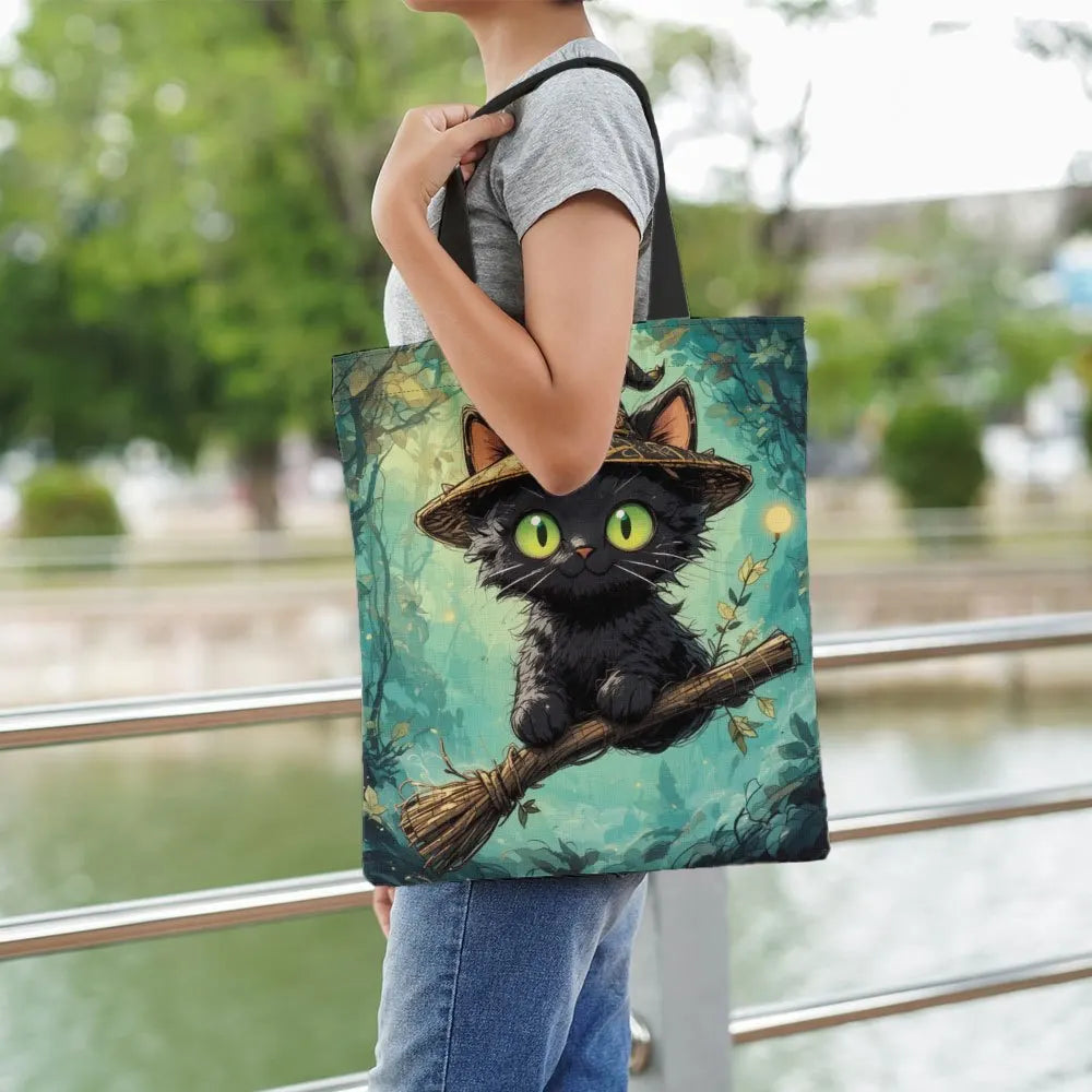 1pc Halloween Witch Cat Tote Bag  Reusable Grocery Handbag with Witch Hat Polyester Shopping Holiday Festivities Shoulder Bag K's Collection Store