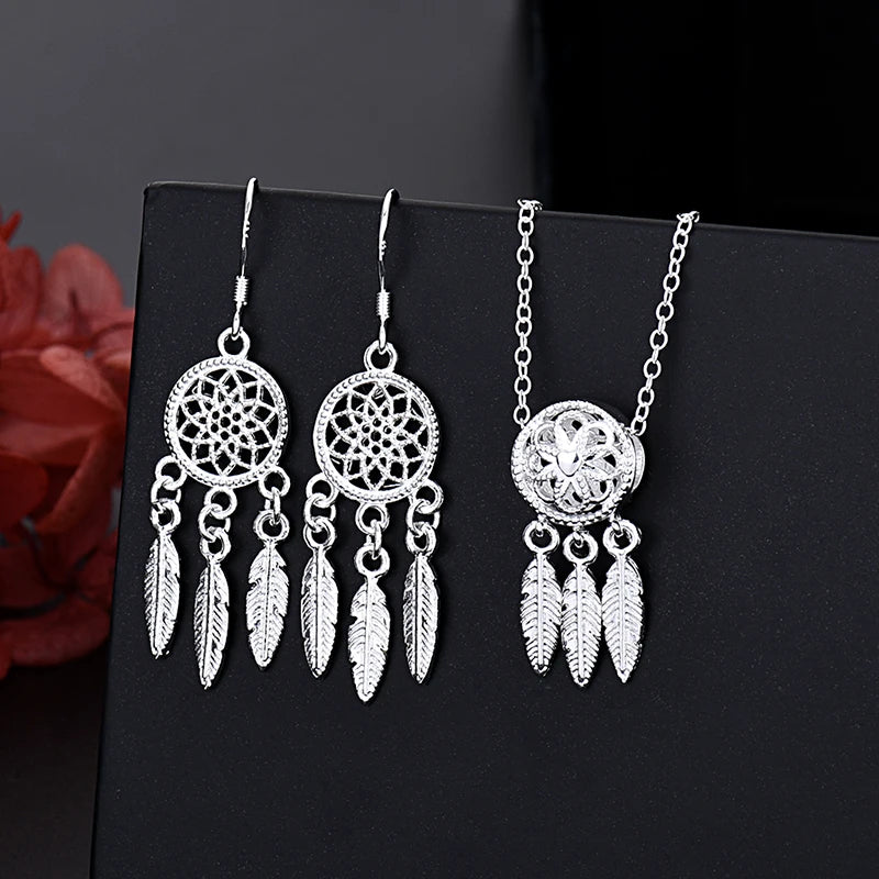 JewelryTop Fine 925 Sterling Silver Charm Necklace Earring Jewelry for Women Retro Set Wedding Gift TRENDY K's Collection Store