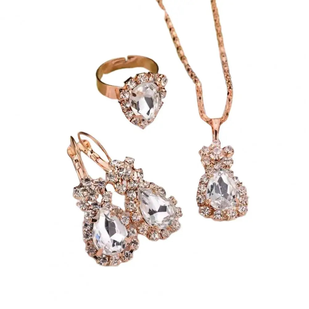 3Pcs/Set Luxury Wedding Jewelry Set  Smooth Alloy Necklace Earrings Ring Set  Shiny Bridal Earrings Necklace Ring Set K's Collection Store