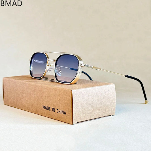 Gold-tone retro sunglasses with dark blue lenses and black temples