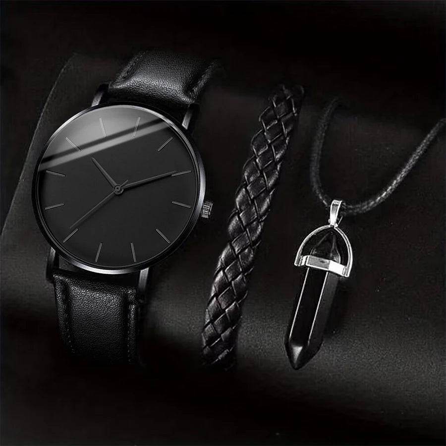 3PCS/Set Men Business Watches Casual Leather Band Analog Male's Quartz Watch Necklace Bracelet Set K's Collection Store
