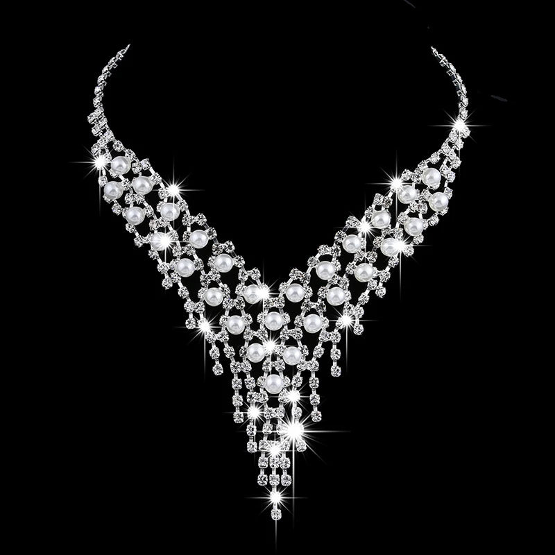 Luxury Long Tassels Jewelry Pearl Necklace Earing Set Crystal Zircon Wedding Bridal Jewelry Sets For Women Bijoux Mariage Zestaw K's Collection Store