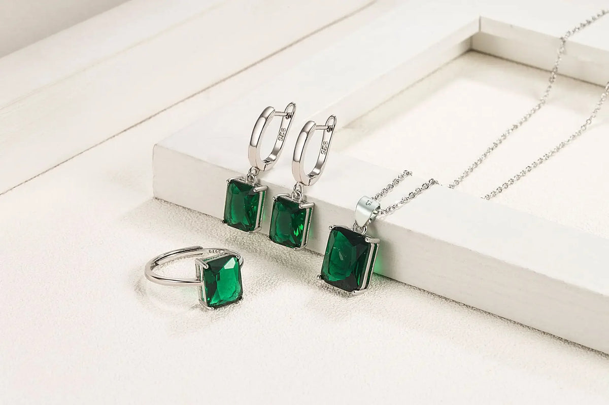 925 Sterling Silver  Elegant Jewelry Sets Ring Earrings Necklace For Women Rectangle Geometry Zircon Wedding Accessories K's Collection Store