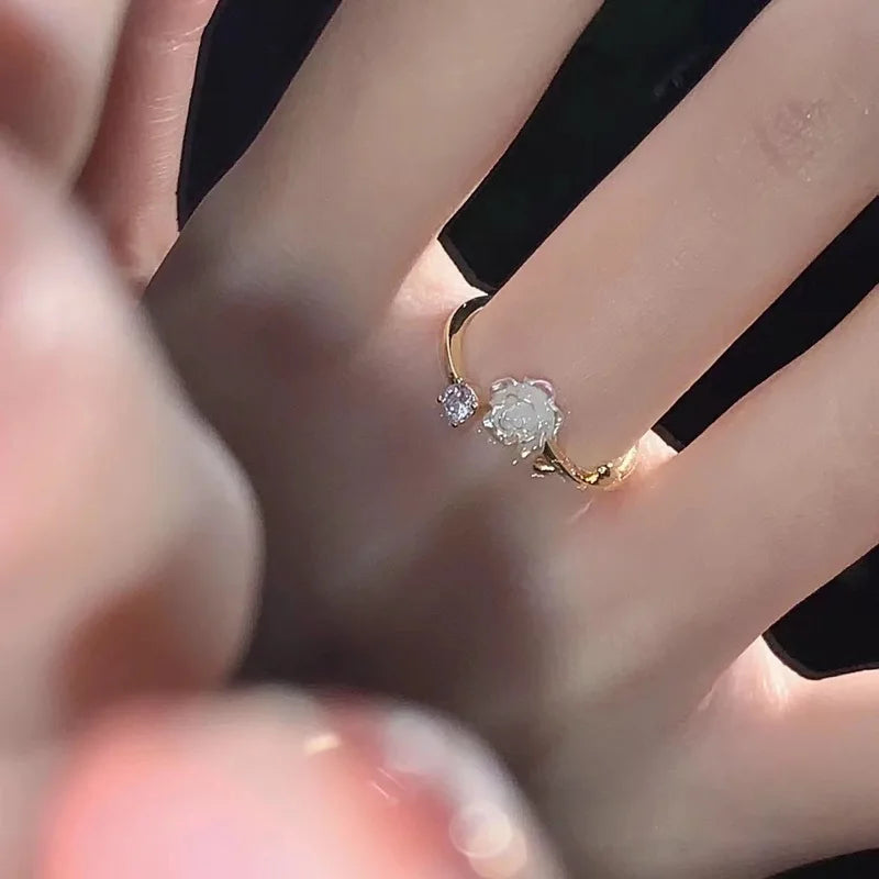 Luxury Zircon Flower Opening Rings for Women Cubic Zirconia Rose Cherry Blossom Tulip Adjustable Finger Ring Wedding Jewelry K's Collection Store
