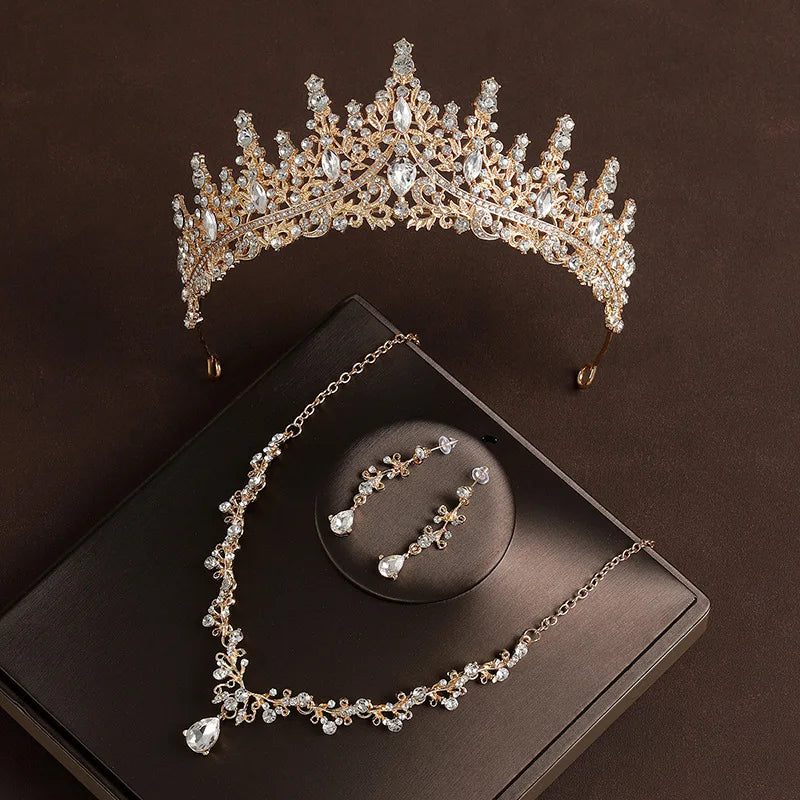 Bridal Wedding Jewelry 4-piece Set, Alloy Crystal Crown&Crystal Necklace&Earrings Women's Classic Wedding Tiaras K's Collection Store