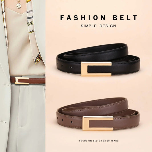 Genuine leather dress belt with rectangular gold-tone buckle, dark color