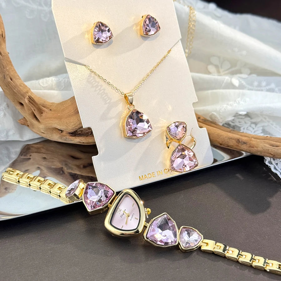 Luxury Ladies Quartz Watch  Colorful Diamond Irregular Shape Necklace Ring Earrings Jewelry Set Four-Piece Gift Set Trendsetter K's Collection Store