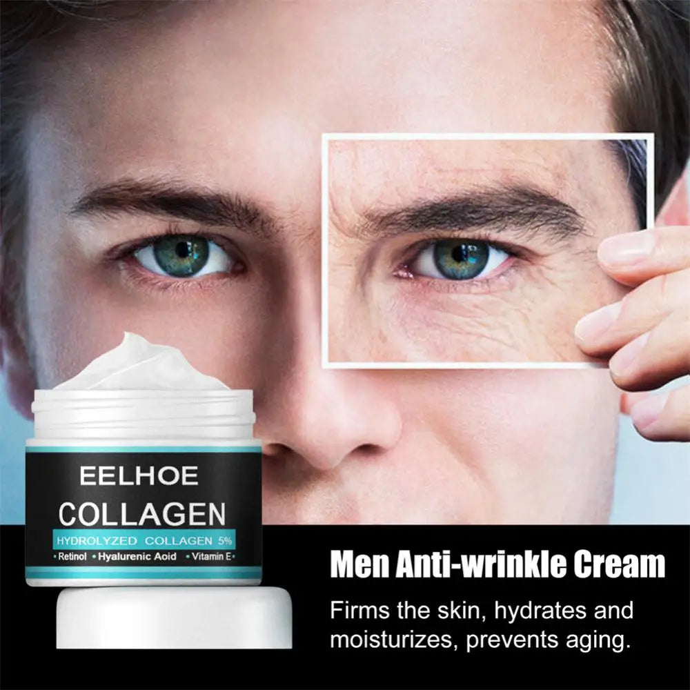 Hydrolyzed collagen face cream jar, cream applied on face with framed eye close-up.