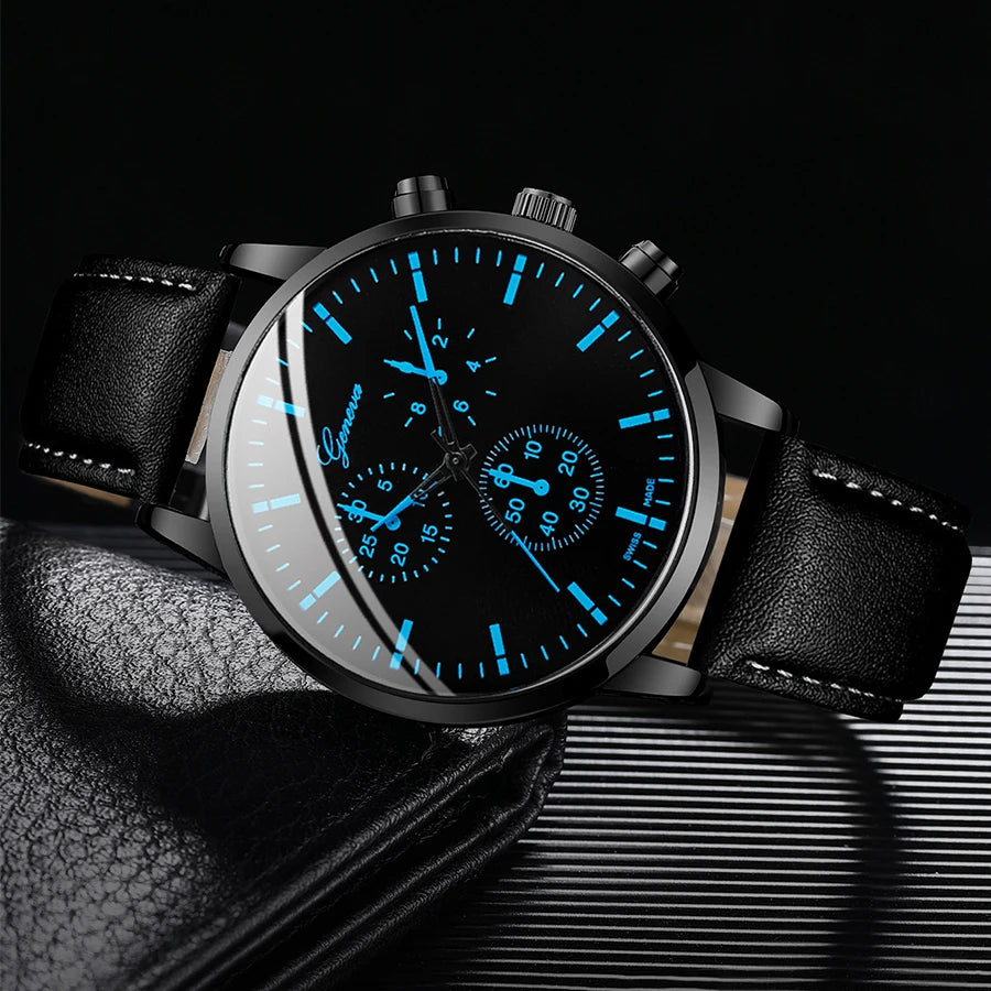 3PCS/Set Men Business Watches Casual Leather Band Analog Male's Quartz Watch Necklace Bracelet Set K's Collection Store