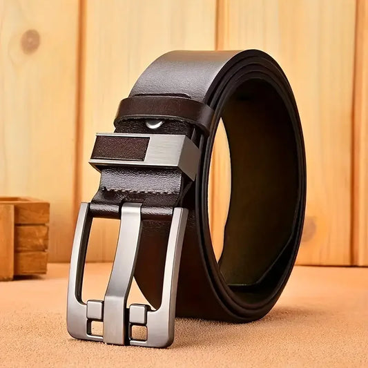 Men's black leather belt with silver pin buckle and textured strap
