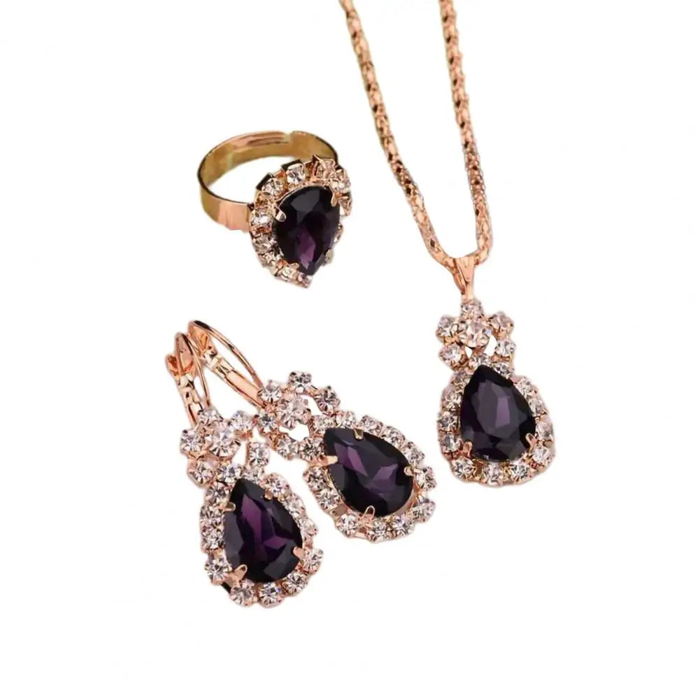 3Pcs/Set Luxury Wedding Jewelry Set  Smooth Alloy Necklace Earrings Ring Set  Shiny Bridal Earrings Necklace Ring Set K's Collection Store