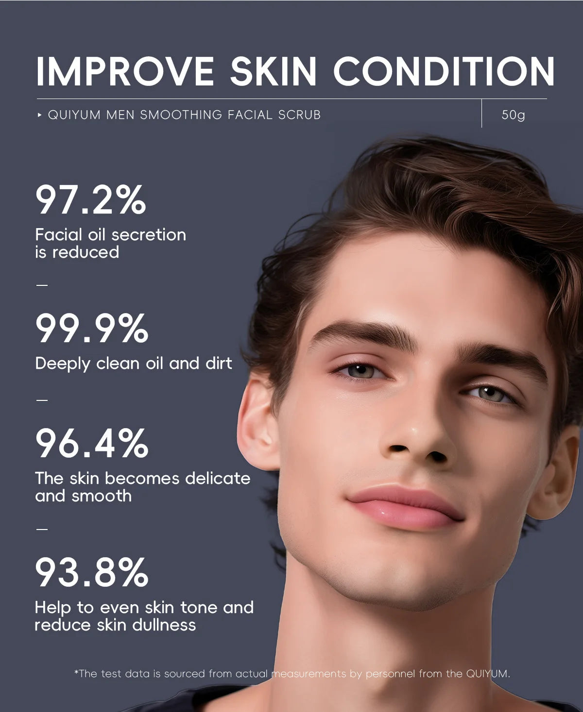 Men's facial scrub concept with a smiling man portrait on a dark background