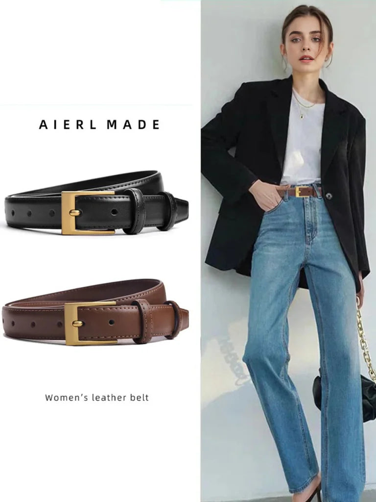 Women's soft PU leather belt in black with gold pin buckle and punched holes