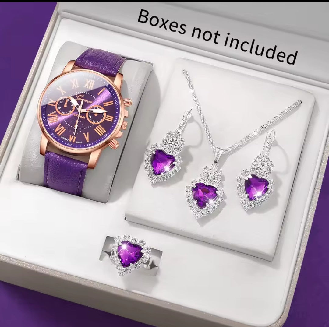 Women's Fashion Quartz Watch & Jewelry Set – Roman Numeral Dial, Leather Strap K's Collection Store
