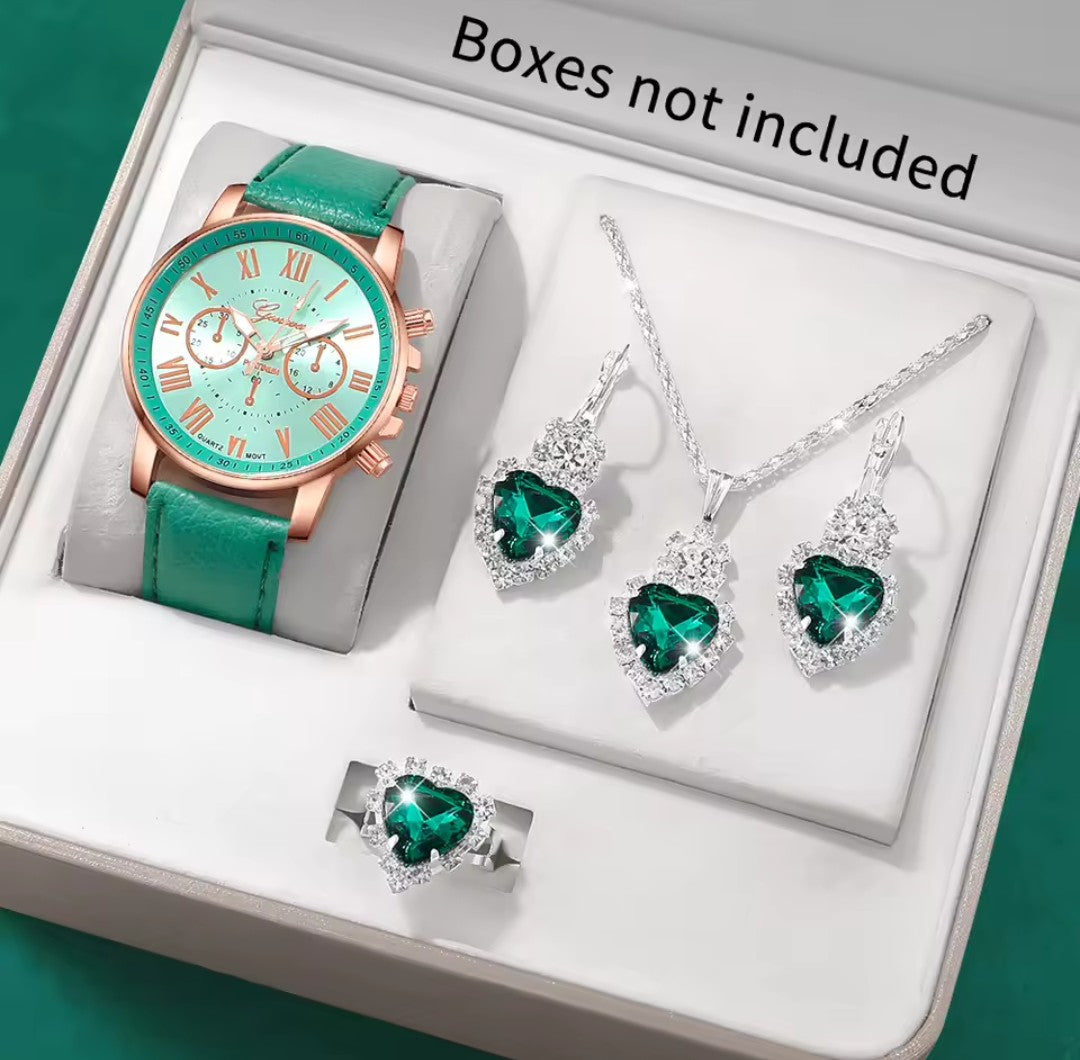 Women's Fashion Quartz Watch & Jewelry Set – Roman Numeral Dial, Leather Strap K's Collection Store